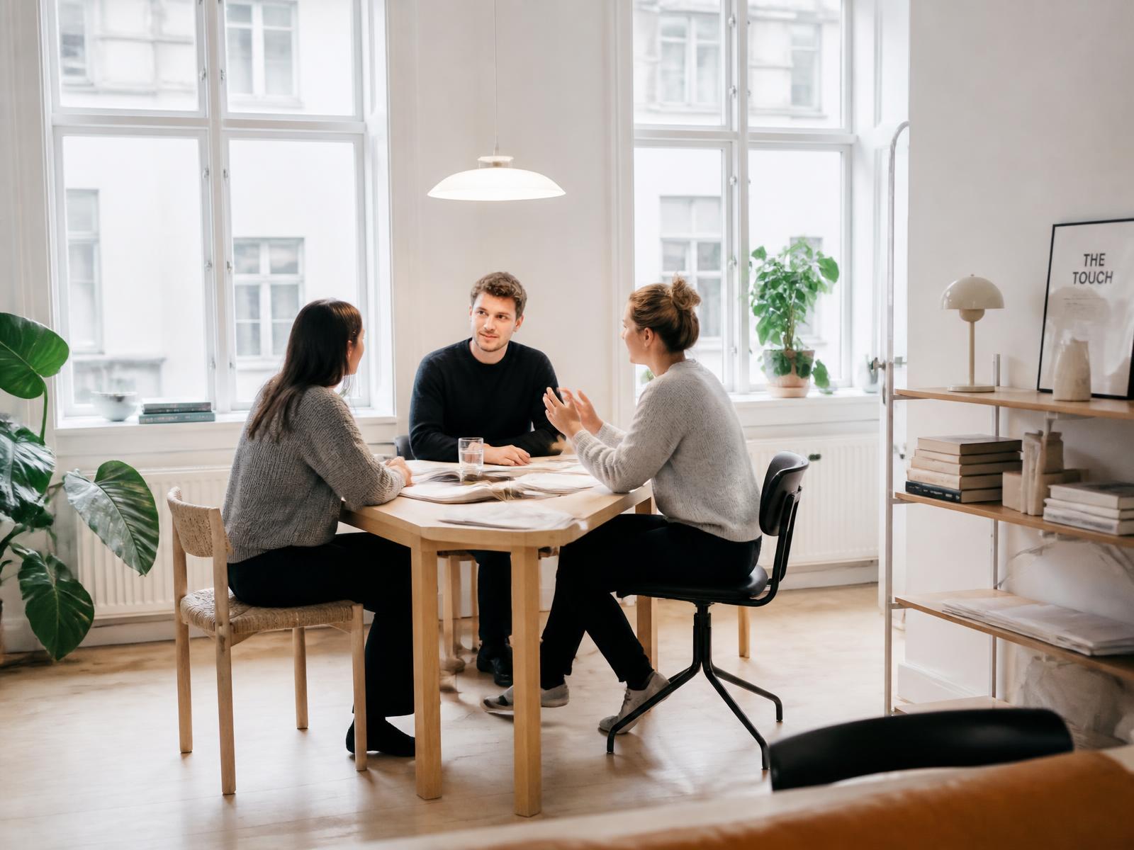 Colleagues in a bright Scandinavian office talking around a wooden table